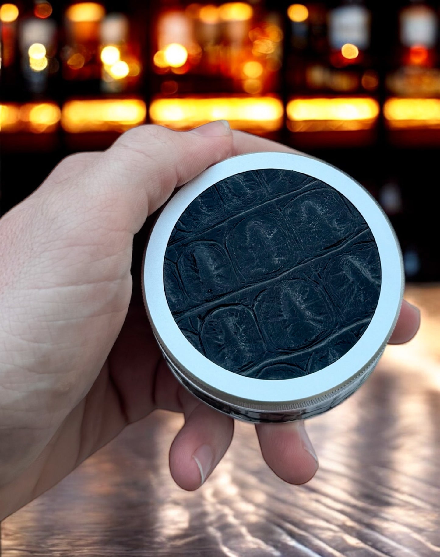 Silver on Black Leather Croc Ruk-Can