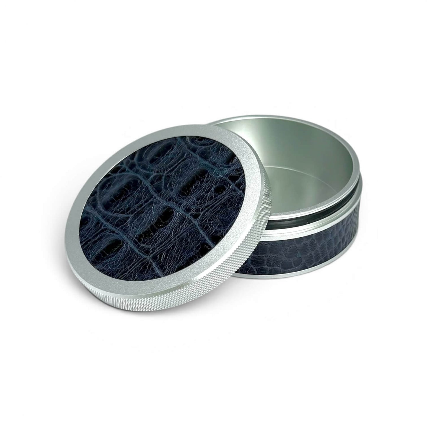 Silver on Midnight Blue Embossed Croc Leather Ruk Can
