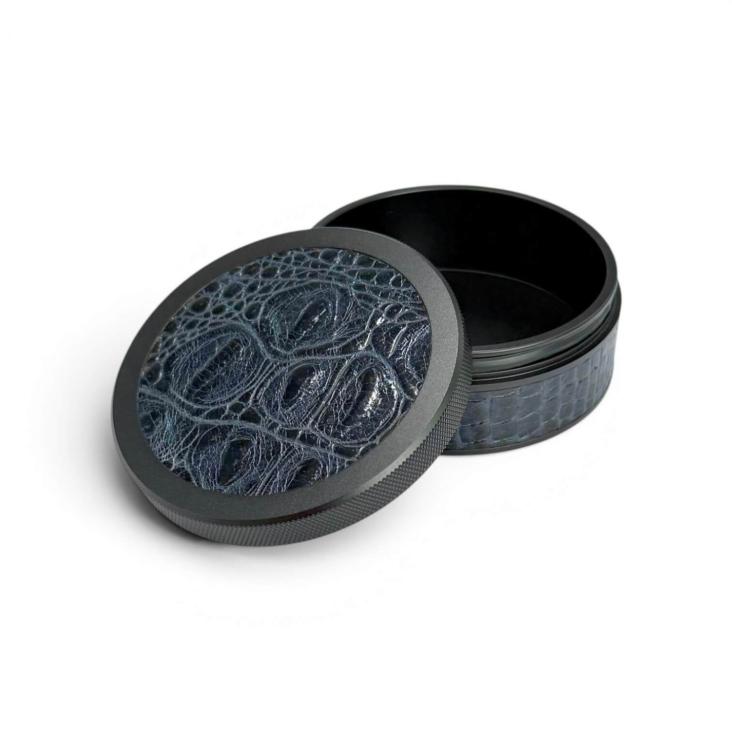 Black on Midnight Blue Embossed Croc Leather Ruk Can