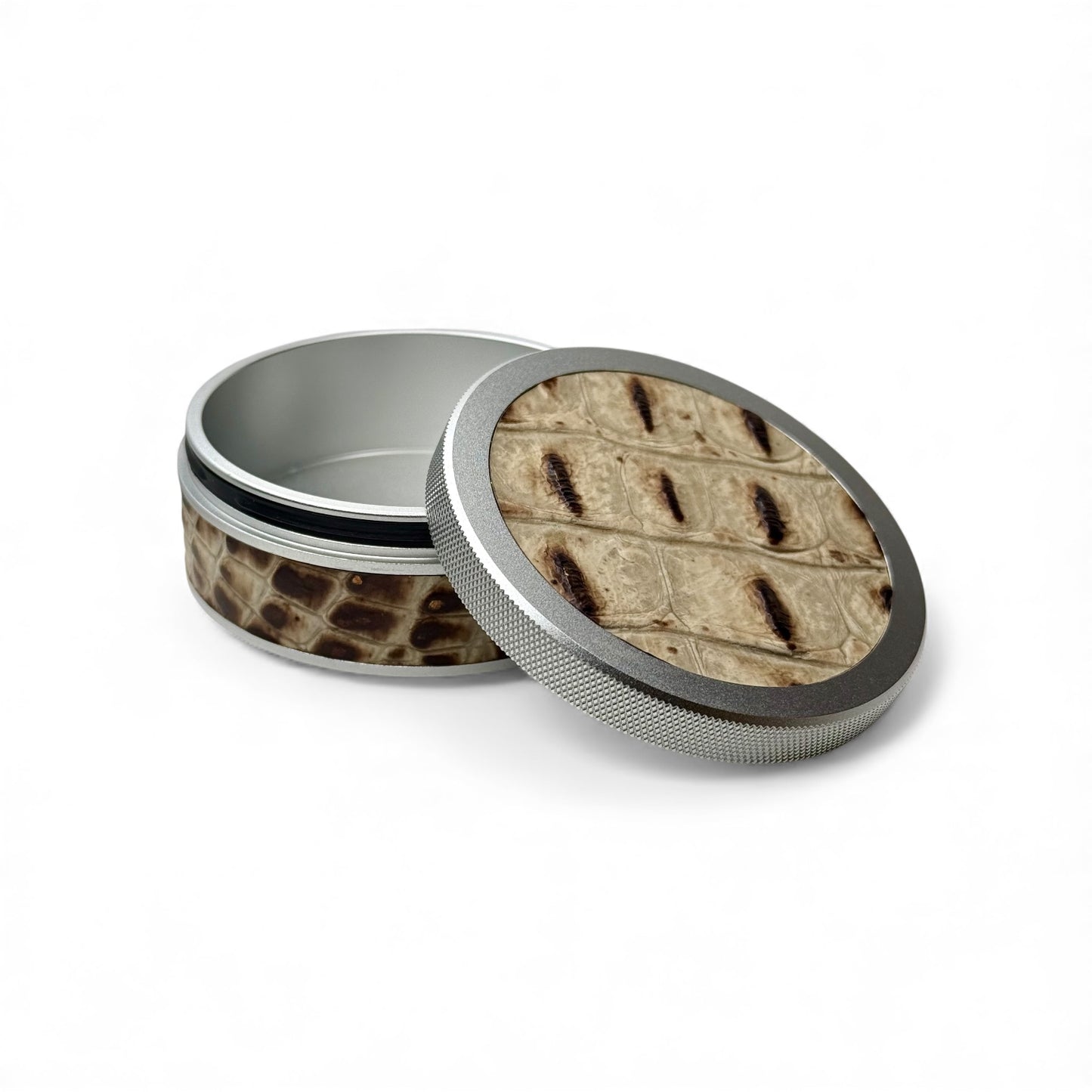 Silver on White Embossed Croc Leather Ruk Can