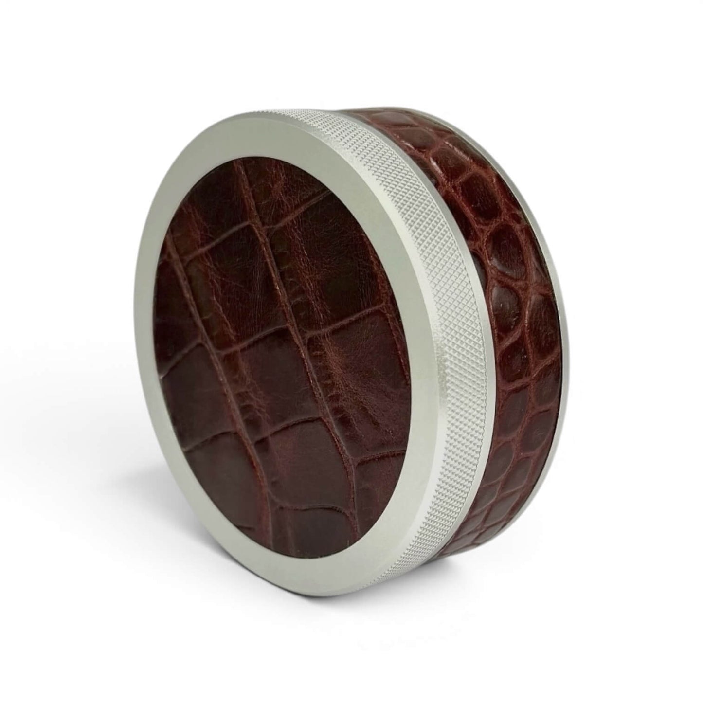 Silver on Chestnut Brown Embossed Croc Leather Ruk Can