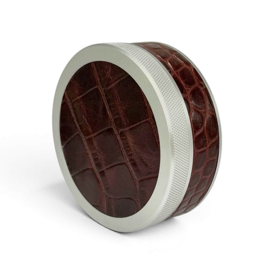 Silver on Chestnut Brown Embossed Croc Leather Ruk Can