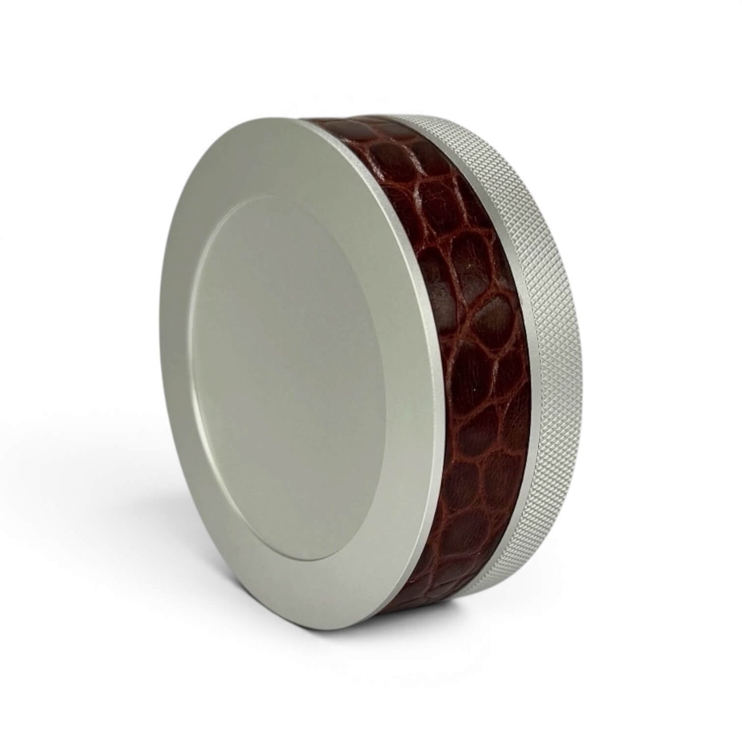 Silver on Chestnut Brown Embossed Croc Leather Ruk Can