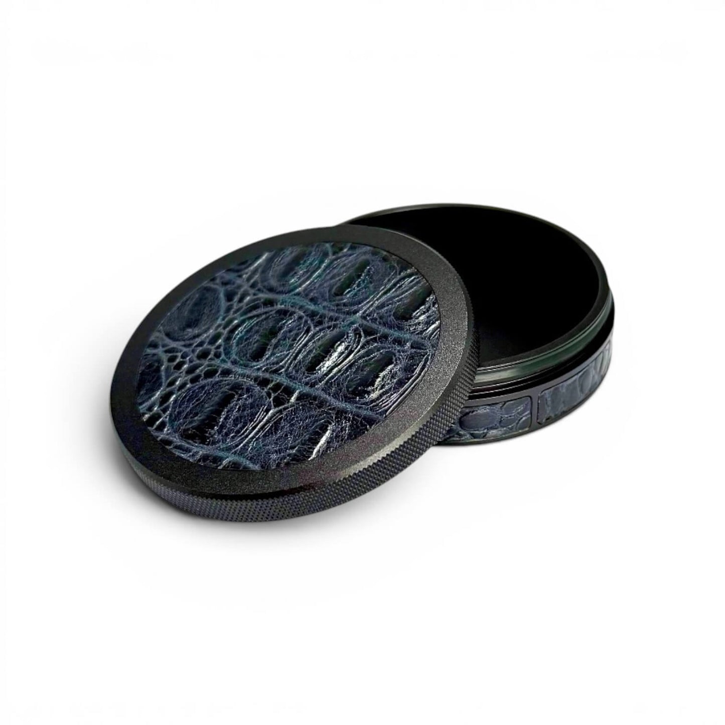 Black on Midnight Blue Embossed Croc Leather Ruk Can Slim