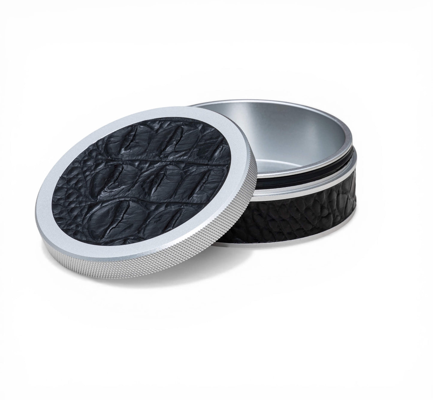 Silver on Embossed Black Leather Croc Ruk Can
